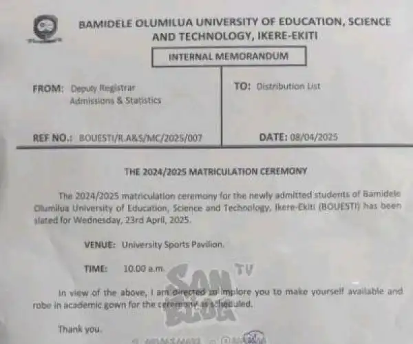 BOUESTI announces Matriculation ceremony for 2024/2025 academic session