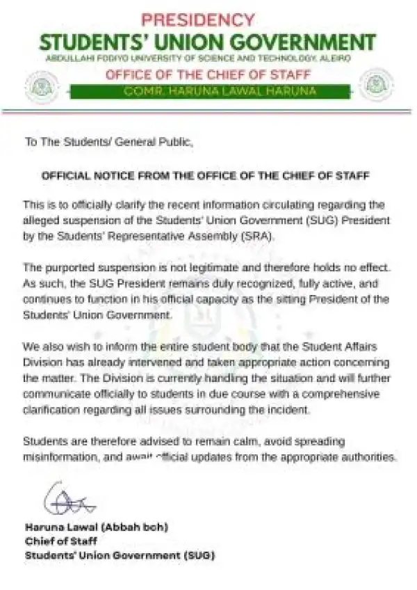 AFUSTA SUG disclaimer notice on suspension of the president