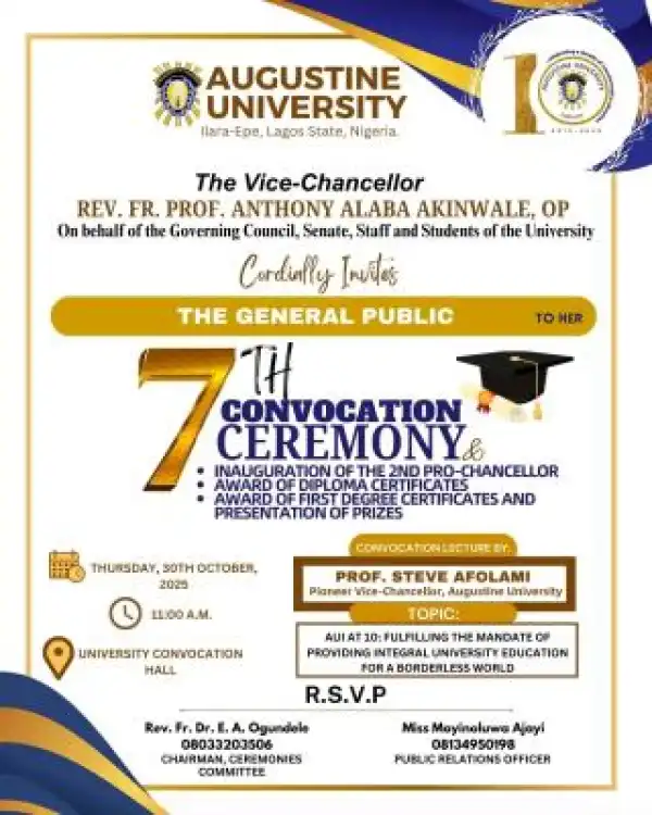 Augustine University announces 7th convocation ceremony