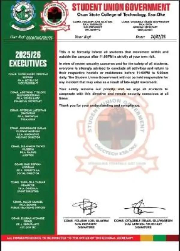 OSCOTECH SUG warns against night movement