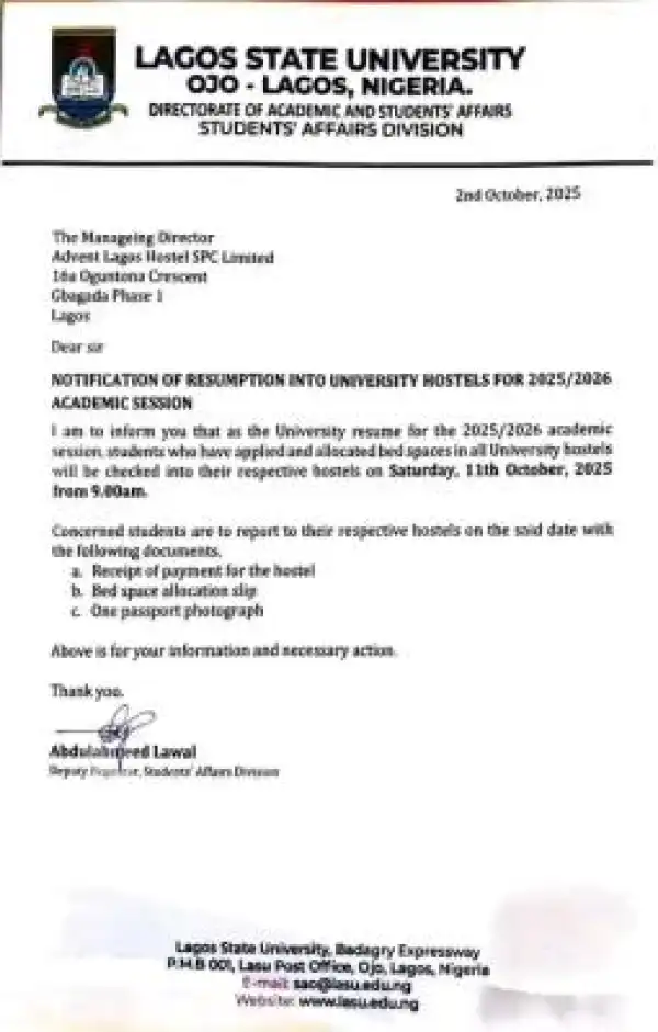 LASU notice on hostel check-in for commencement of 2025/2026 session