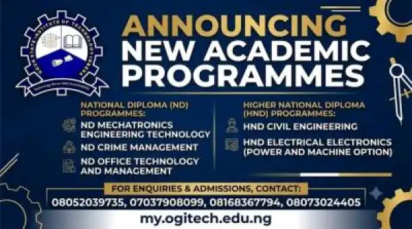 OGITECH announces admission into newly approved programmes, 2026/2027