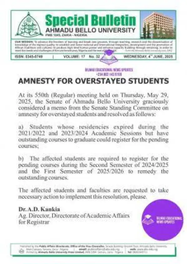 ABU senate grants amnesty to overstayed students