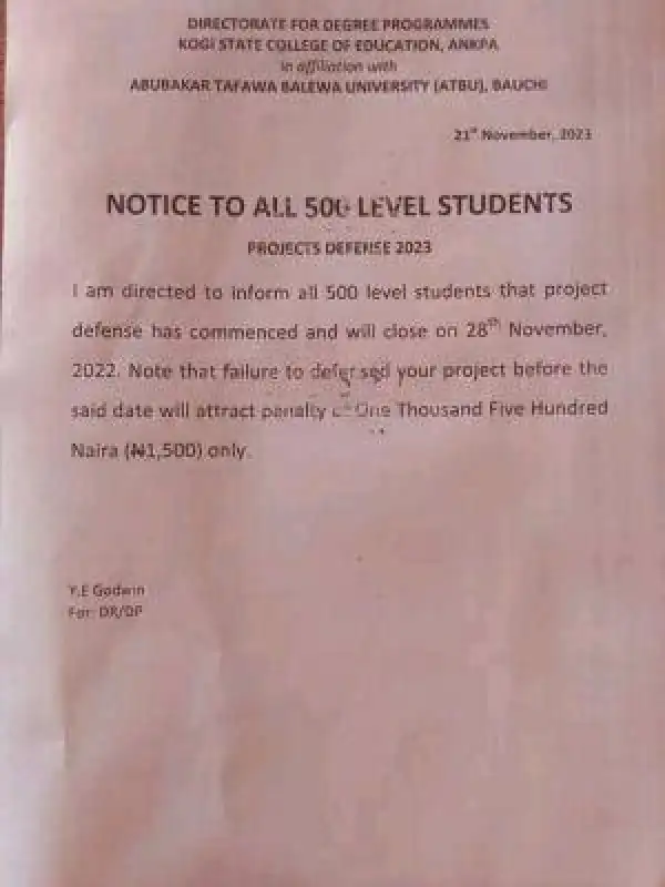 Kogi State COE, Ankpa in affiliation with ATBU notice to 500 Level students