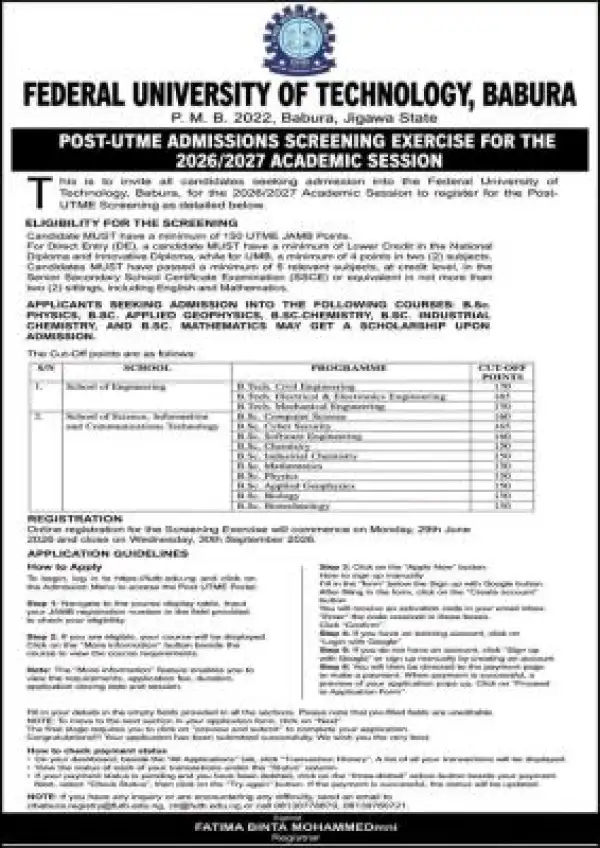 Federal University of Tech. Babura Post-UTME/DE 2026: Cut-off mark, Eligibility and Registration Details