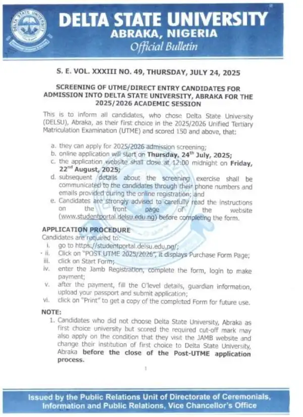 DELSU Post-UTME/DE 2025: Cut-off mark, Eligibility and Registration Details