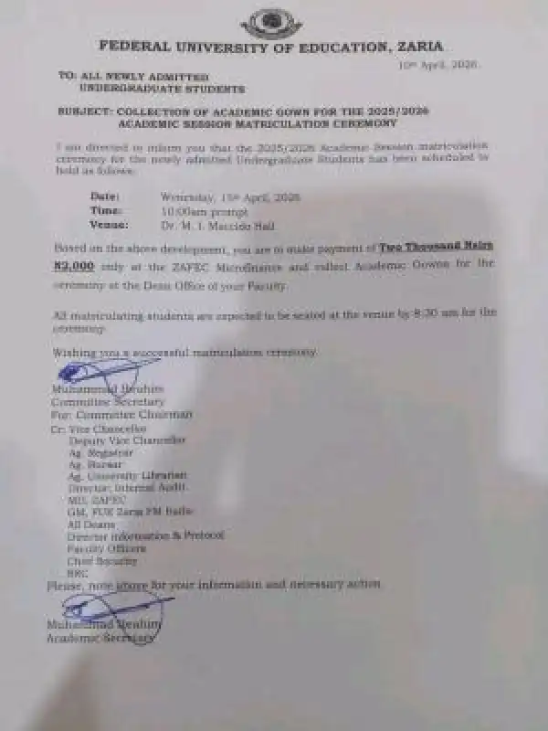 Federal University of Education, Zaria notice on collection of academic gowns for matriculation, 2025/2026