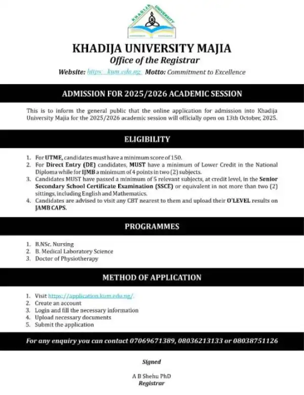Khadija University announces undergraduate admission for 2025/26 session