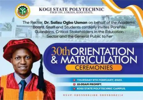 Kogi State Polytechnic 30th Matriculation Ceremony holds Feb 9th