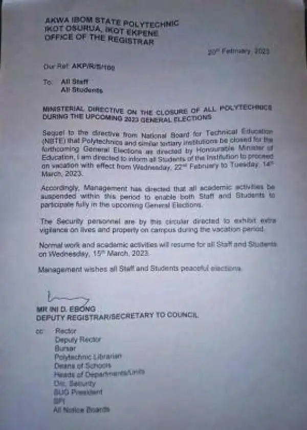 Akwa Ibom Poly announces closure for upcoming 2023 General Elections
