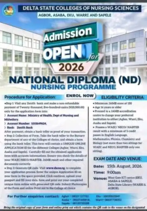 Delta State College of Nursing Sciences, Warri ND Nursing Admission form, 2026/2027
