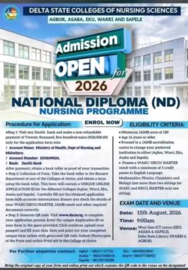 Delta State College of Nursing Sciences, Warri ND Nursing Admission form, 2026/2027