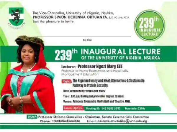 UNN announces 239th Inaugural Lecture