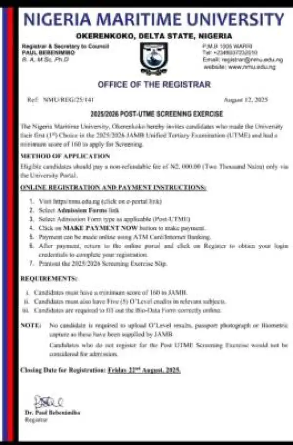 Nigerian Maritime University Post UTME screening form, 2025/2026