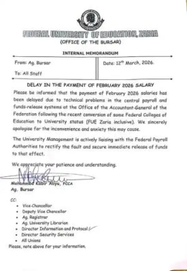 FUED, Zaria notice to staff on delay of February, 2026 salary