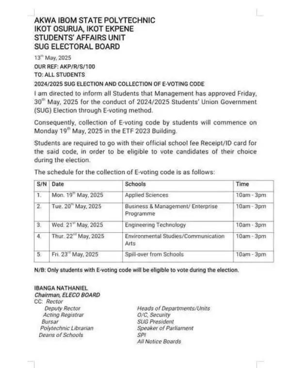 Akwa Poly notice to students on 2024/2025 SUG election and collection of e-voting code
