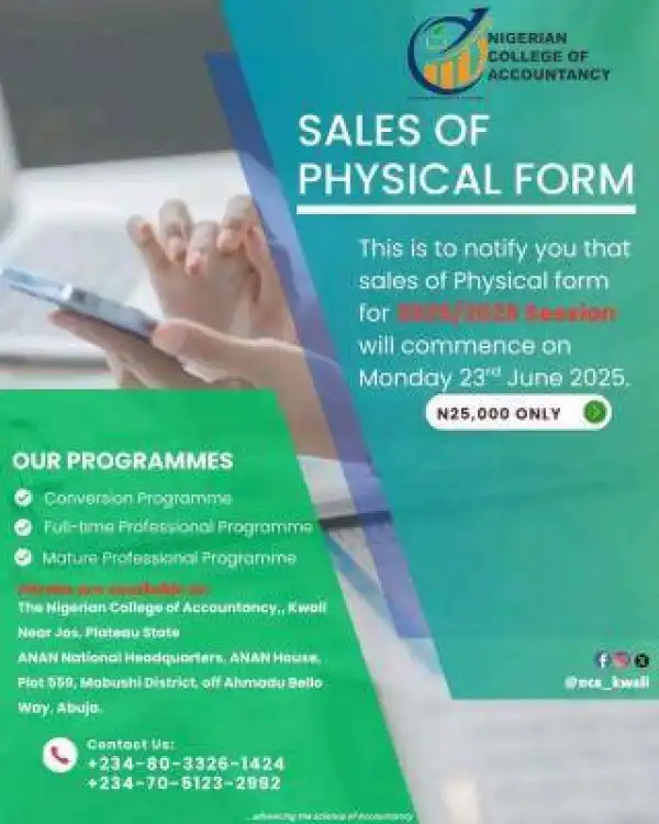 Nigerian College of Accountancy sales of Admission form, 2025/2026