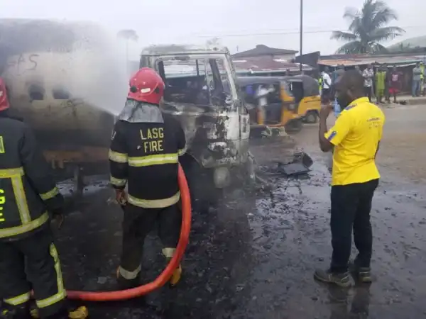 Gas-laden tanker catches fire as driver loses control in Lagos