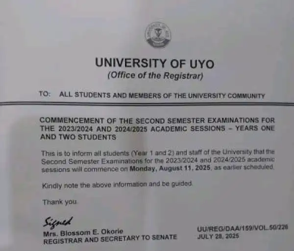 UNIUYO notice on commencement of 2nd semester exams, 2023/2024 & 2024/2025