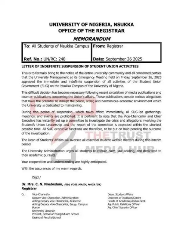 UNN suspends Student Union activities