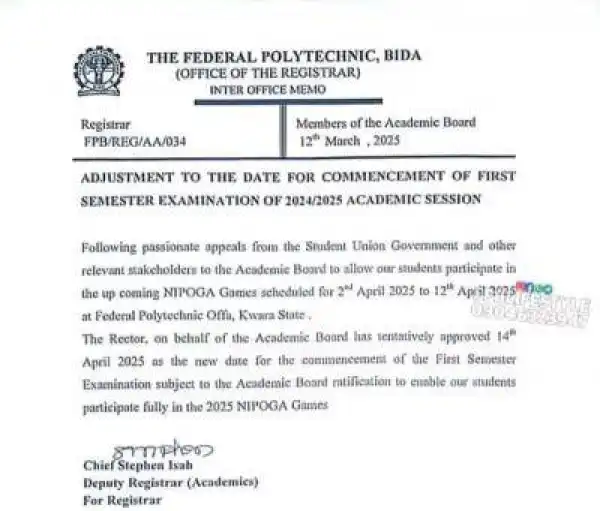 Fed Poly Bida adjust commencement of 1st semester exam, 2024/2025