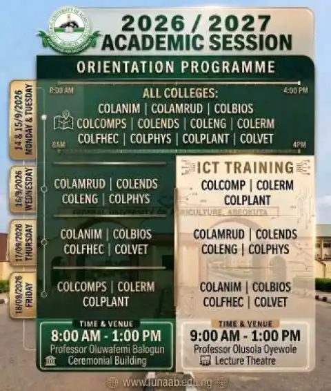 FUNAAB schedules orientation, ICT Training for news students, 2026/2027