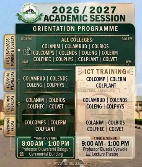 FUNAAB schedules orientation, ICT Training for news students, 2026/2027