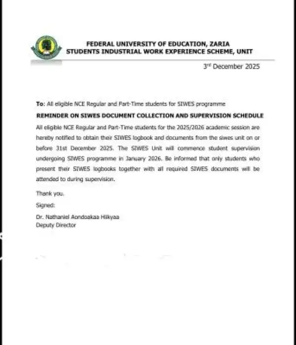Federal University of Education, Zaria notice to all students on SIWES programme