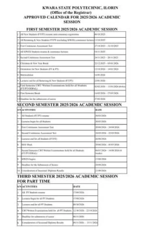Kwara State Polytechnic approved academic calendar for 2025/2026 Session