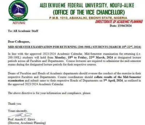 FUNAI mid-semester exam for returning students (200L-500L)