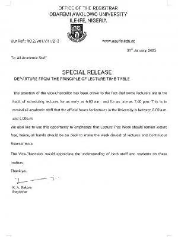 OAU update on lecture schedule