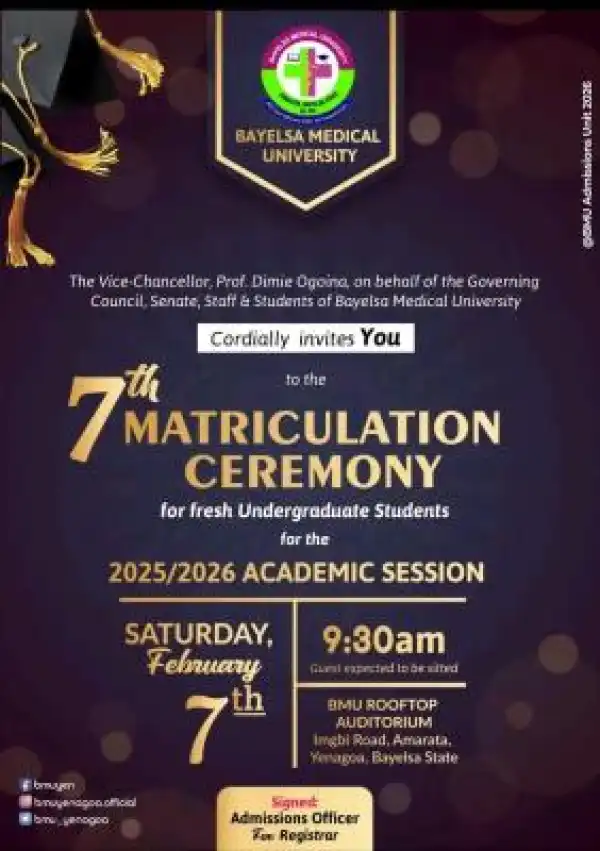 Bayelsa Medical University announces 7th Matriculation Ceremony