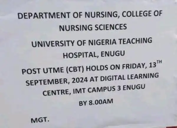 UNTH College of Nursing Sciences notice Post-UTME CBT screening