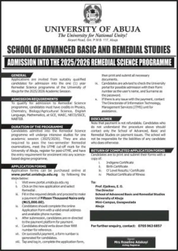 UNIABUJA Remedial Science admission form, 2025/2026