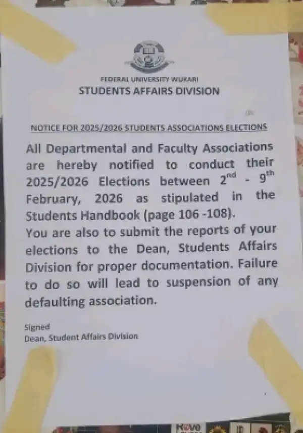 FUWUKARI notice on faculty and departmental elections, 2025/2026