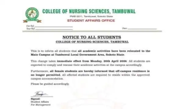 College of Nursing Sciences, Tambuwal notice on relocation of academic activities to main campus