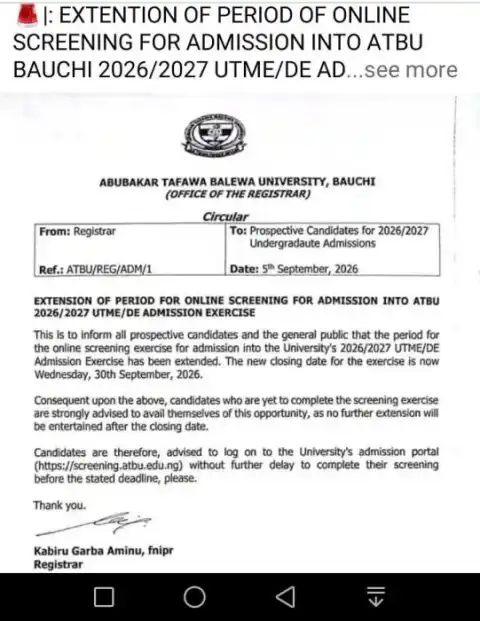 ATBU extends 2026/2027 Post-UTME Screening Application Timeframe
