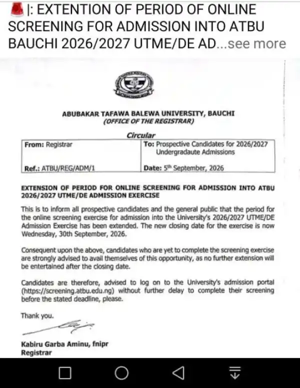 ATBU extends 2026/2027 Post-UTME Screening Application Timeframe
