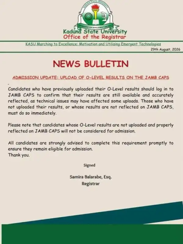 KASU notice to prospective students, 2026/2027