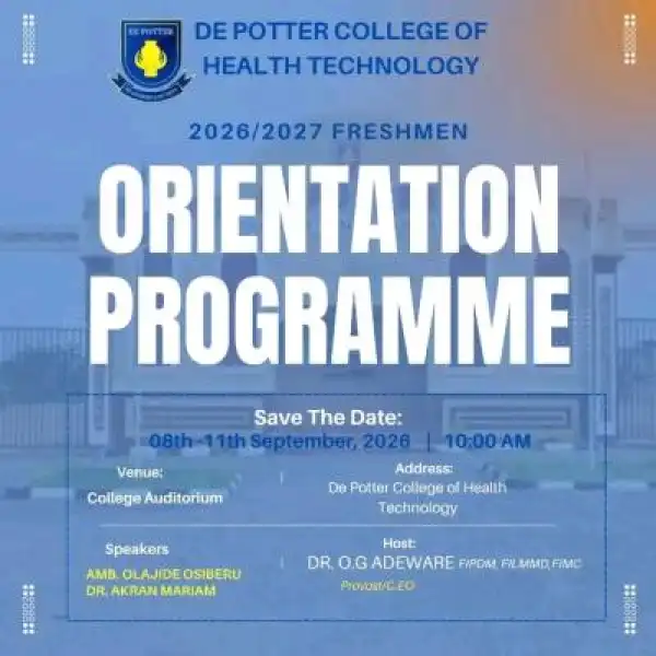 De Potter College of Health Tech. announces Freshmen Orientation Programme, 2026/2027