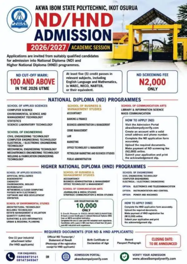 Akwa Poly Post-UTME 2026: Cut-off mark, Eligibility and Registration Details