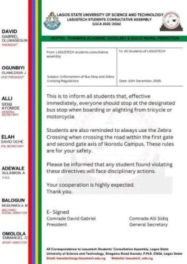 LASUSTECH Students Union notice to students