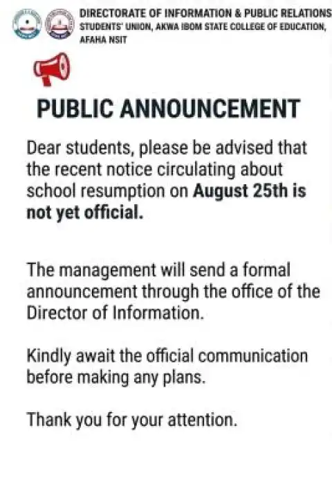 AKSCOE SUG debunks rumoured resumption date, urges students to await official notice