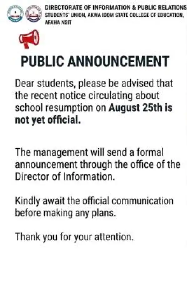 AKSCOE SUG debunks rumoured resumption date, urges students to await official notice