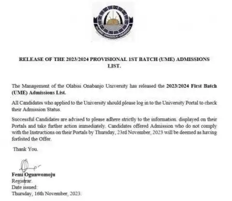 OOU releases 1st batch UTME admission list, 2023/2024