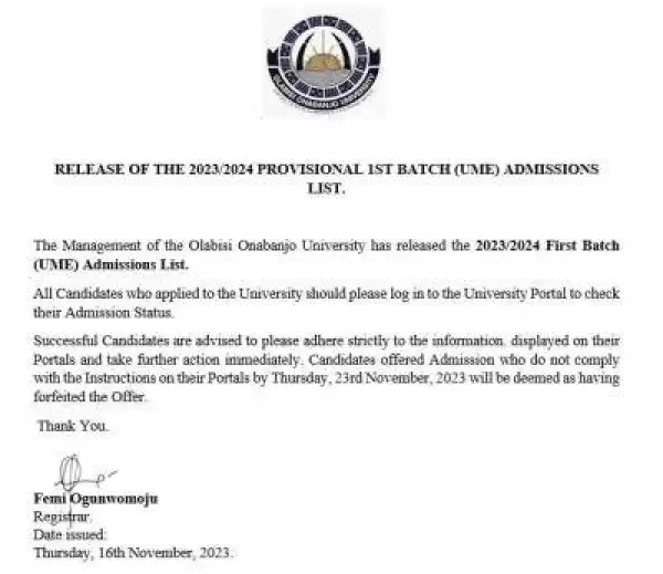 OOU releases 1st batch UTME admission list, 2023/2024
