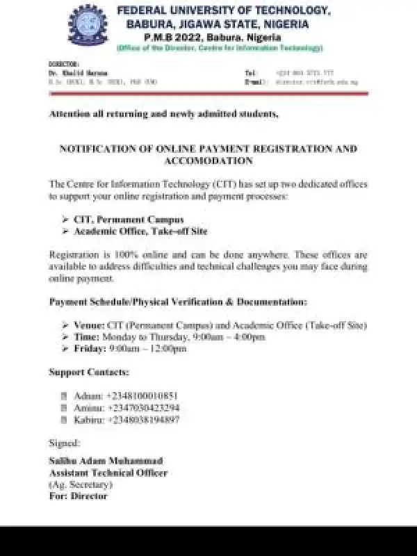 Federal University of Technology, Babura update on online registration