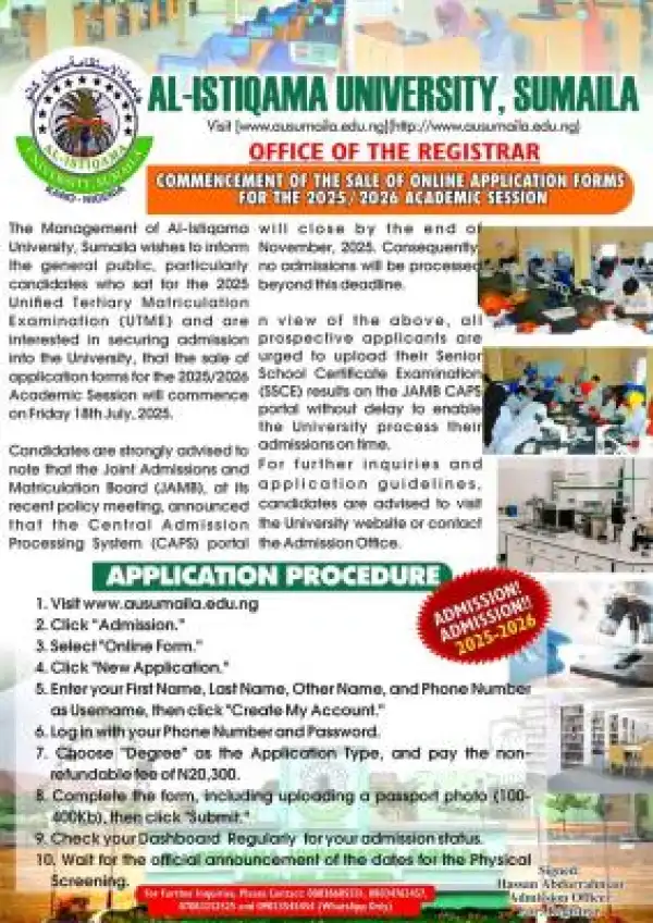 Al-Istiqama University Post-UTME/DE 2025: eligibility and registration details