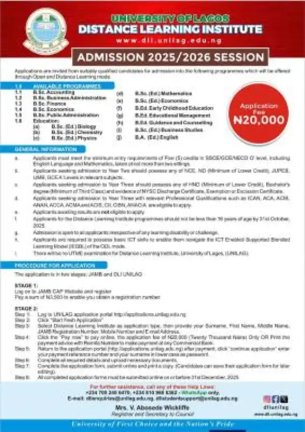 UNILAG Distance Learning Institute admission, 2025/2026