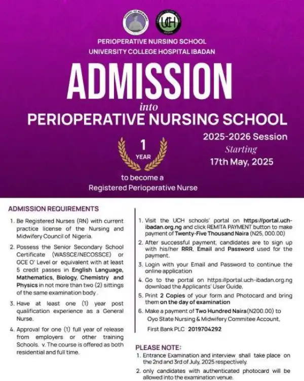 UCH, Ibadan admission into Perioperative Nursing School, 2025/2026